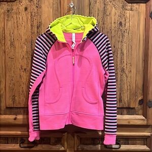 Lululemon Fleece Lined Pink Neon Striped Scuba Zip up Hoodie Sweatshirt